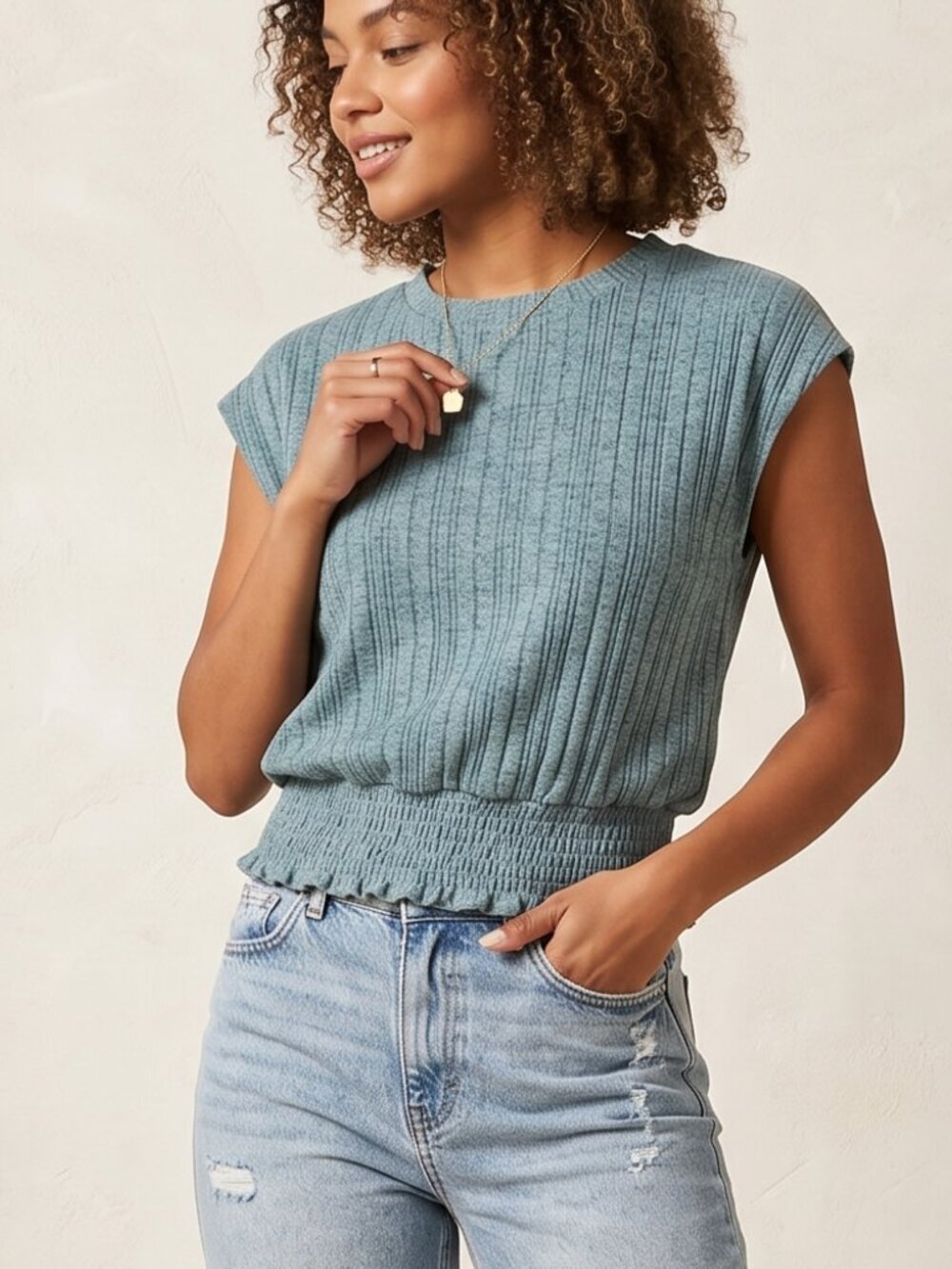 NWOT | Teal Heathered Ribbed Smocked Top | Ruffled Hemline | Size Small